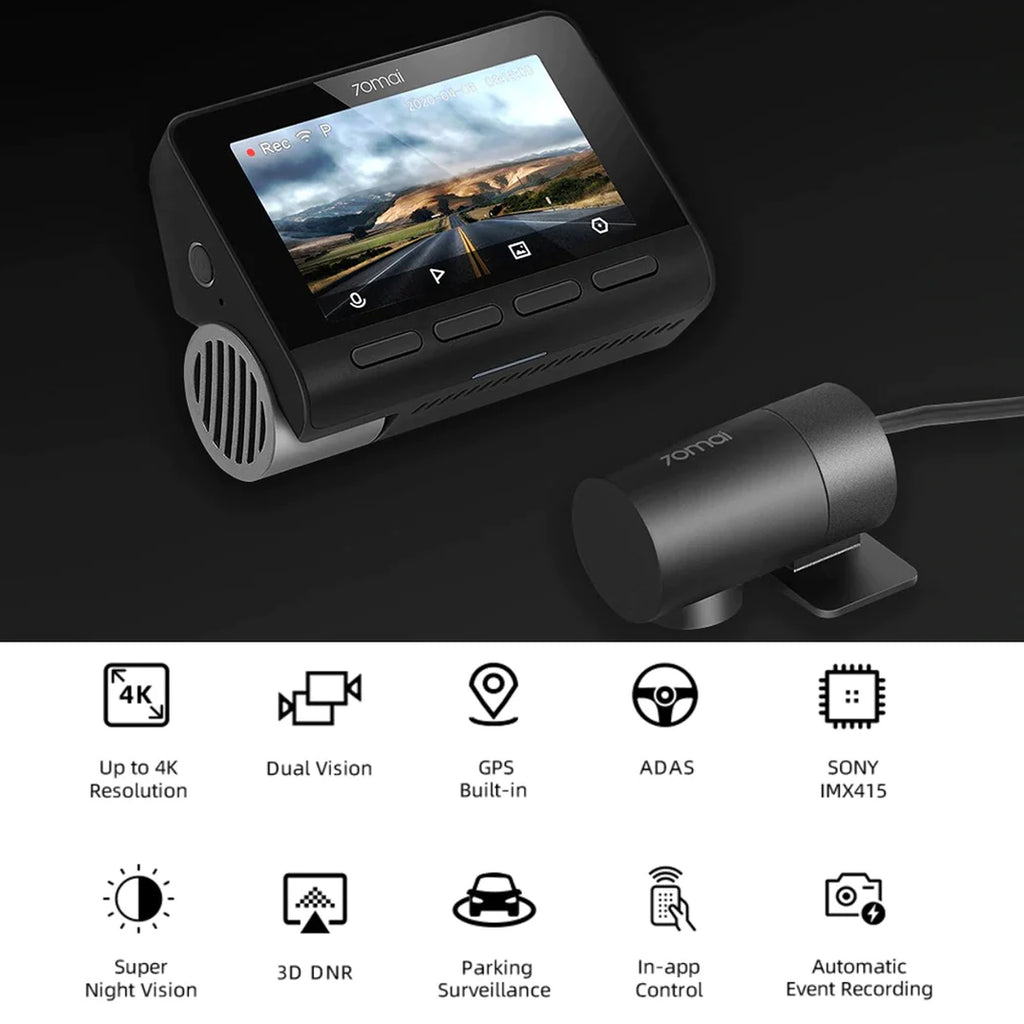 70mai True 4K Dash Cam A800S with Sony IMX415, Front and Rear, Built in  GPS, Super Night Vision, 3'' IPS LCD, Parking Mode, ADAS, Loop Recording