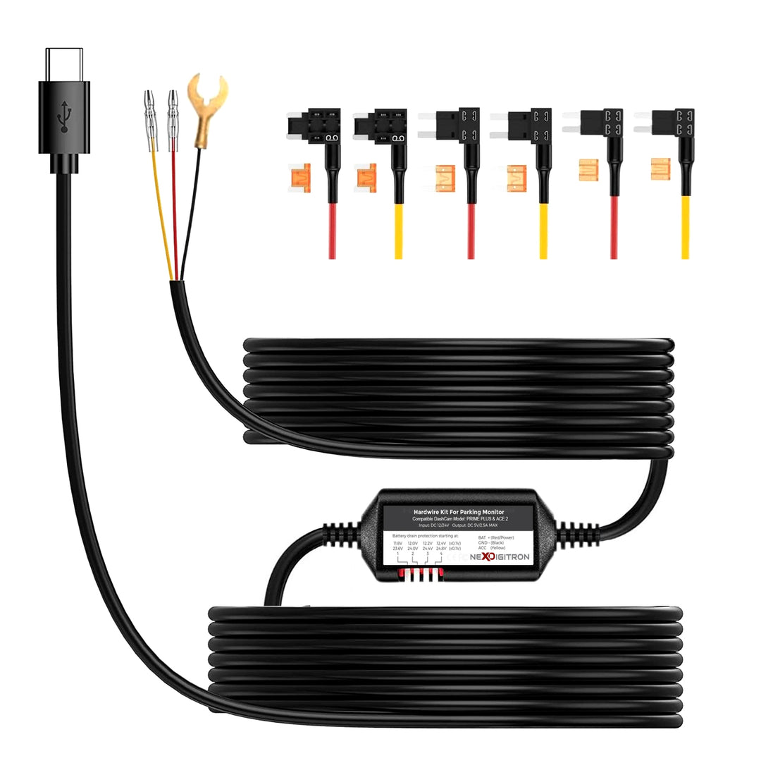 Dash Cam Hardwire Kit USB-C 3-Wire, 24H Parking Mode, Low Voltage Protection, 11.5ft For Dashcams & GPS