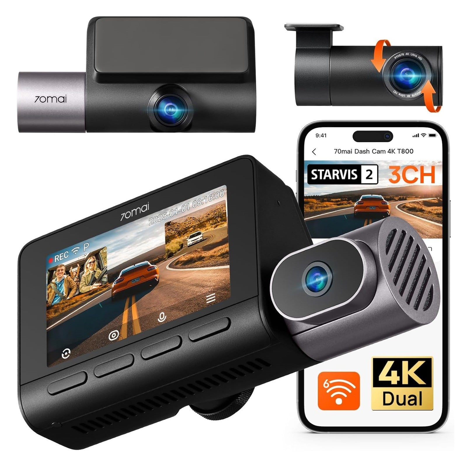 【ほぼ新】70mai Dash Cam 4K T800 3カメラ 70mai T800 4K HDR 3-Channel Starvis 2 DashCam - NEXDIGITRON®